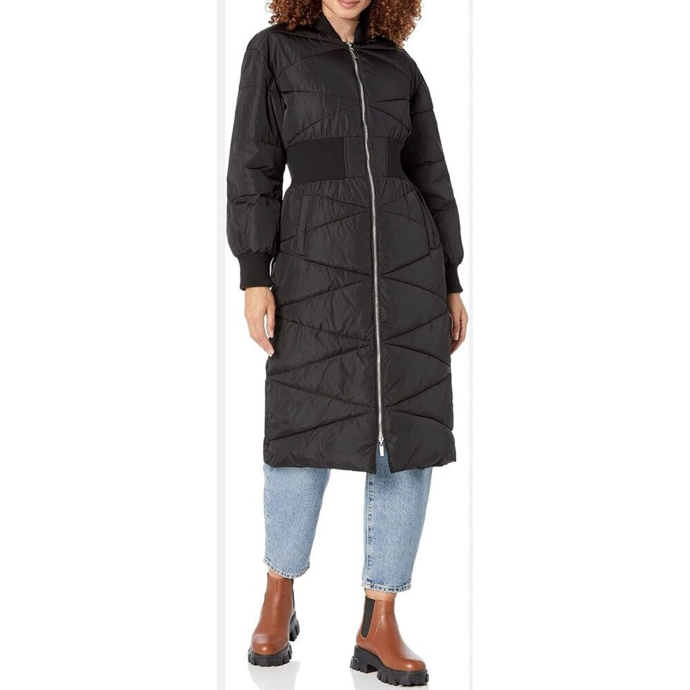 Steve Madden Black Long Quilted Puffer Coat Size XS Jacket NEW